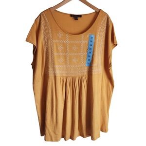 NWT Gloria Vanderbilt  3X Mustard Embroidered Boho Peasant Top